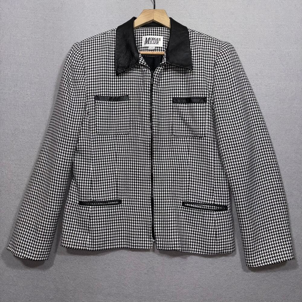 Morgan Miller Blazer Womens 10 Houndstooth Faux Leather Trim Career Chic